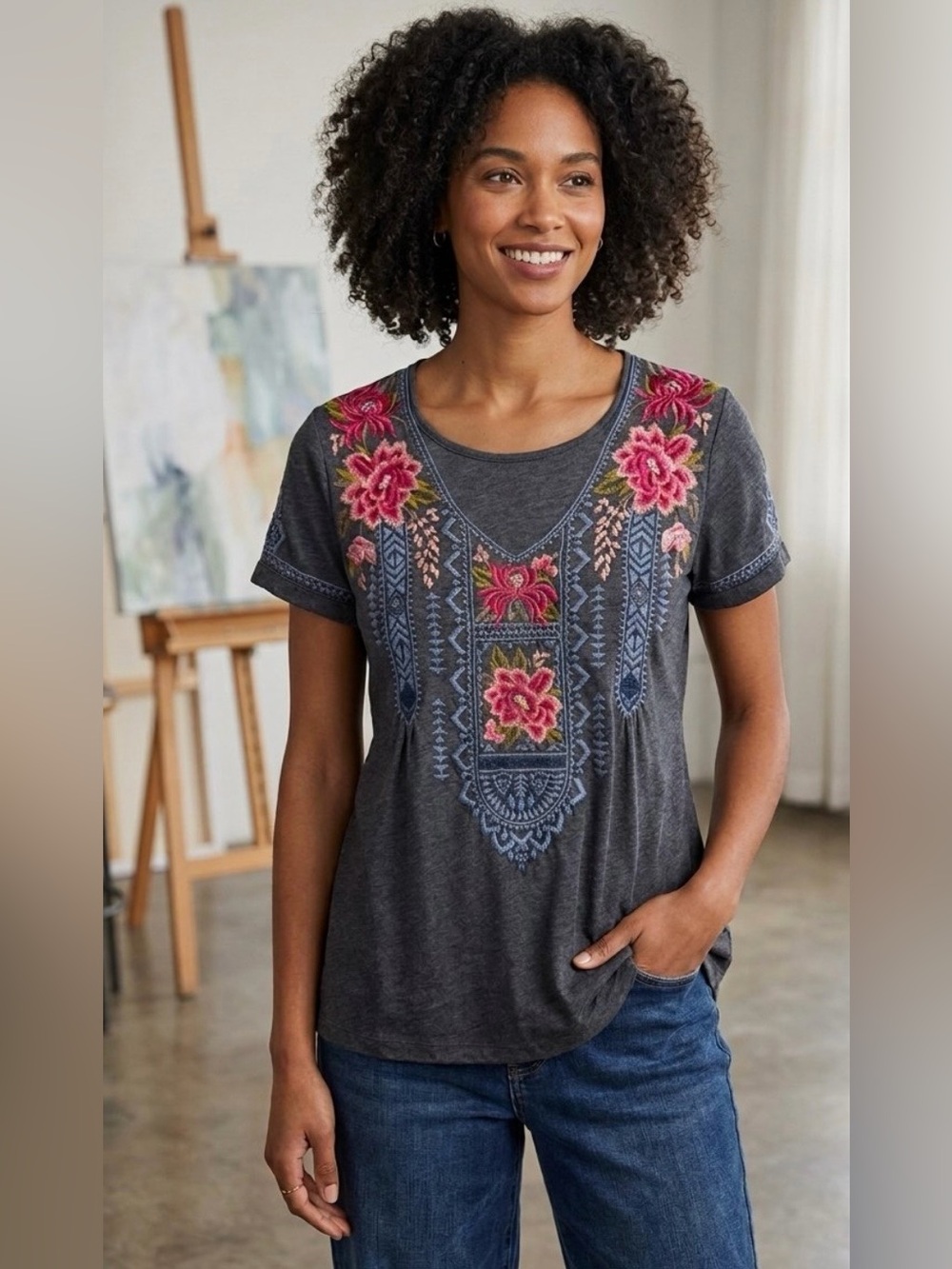 Johnny Was Davis drape top embroidered BoHo festival size small EUC
